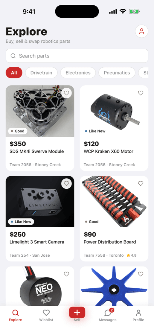 PITSTOP app explore screen with robotics part listings